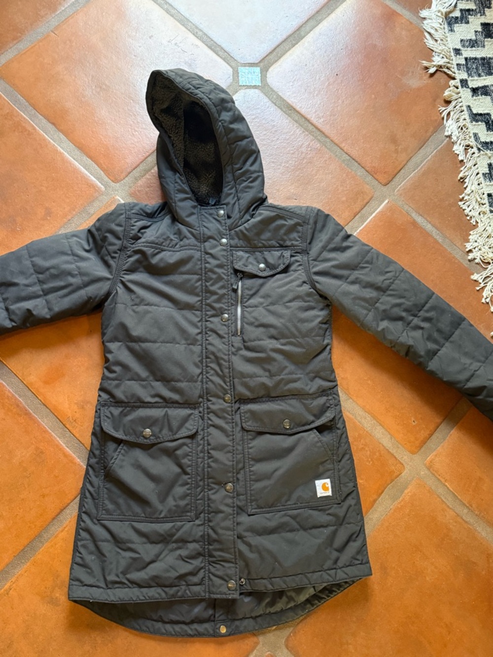 Carhartt Black Quilted Jacket with Tan Logo Patch